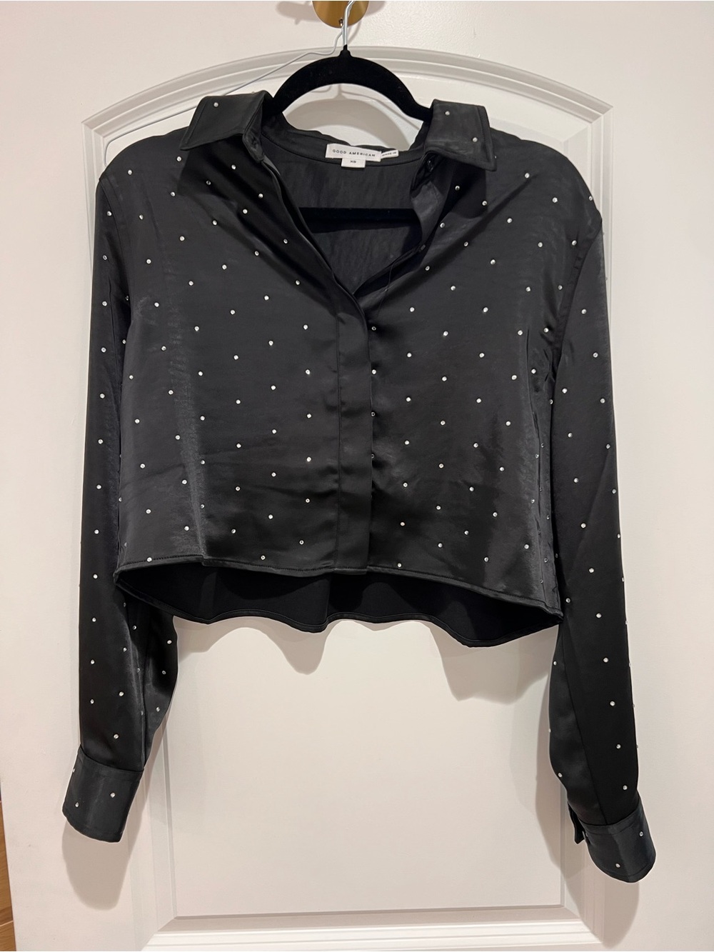 Good American Black Satin Crop Button-Down with Stud Detail
